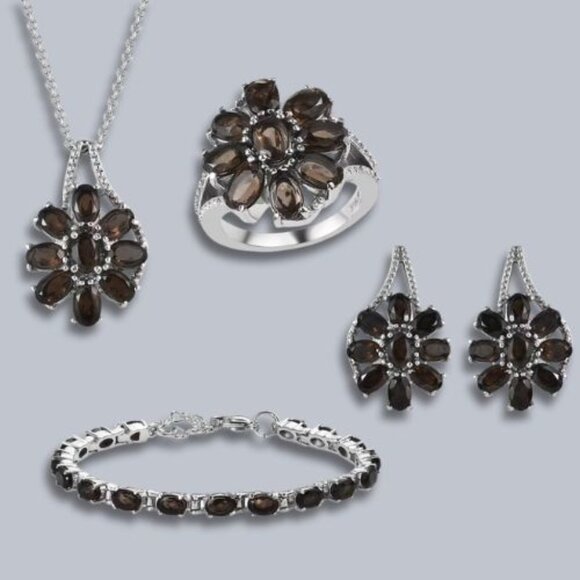 Jewelry - Brazilian Smoky Quartz Jewelry Set Daisy Flower Design Stainless Steel Brown OS